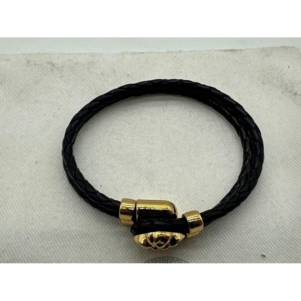 Versace Medusa Head Braided Leather Bracelet Black Gold Tone‎ Made in Italy